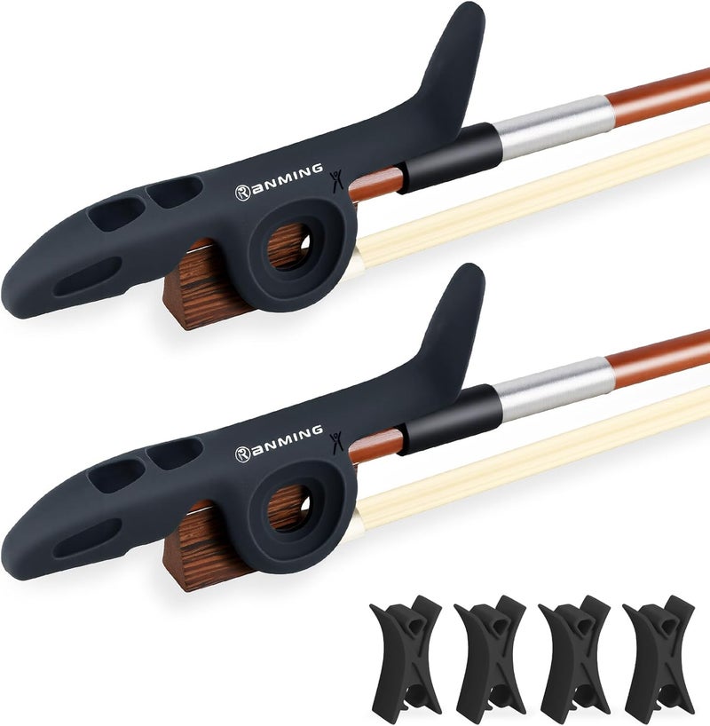 RANMING Violin Bow Holder for Practice–2Pcs Silicone Hand Position Corrector Non-Slip Teaching Tool for Beginners Students Improve Bow Grip & Posture Violin Teaching Aid With 4 Bow Stopper Black - Image 1